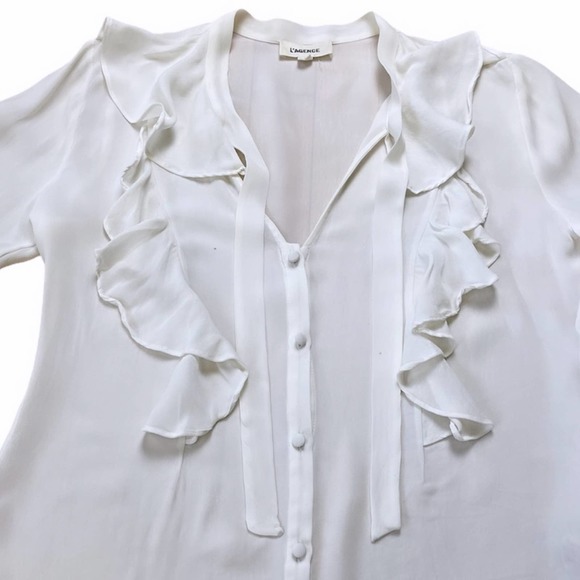 L'AGENCE | Cream 100% Silk Long Sleeve "Valentina" Ruffle Button Down Blouse Top - Picture 7 of 13